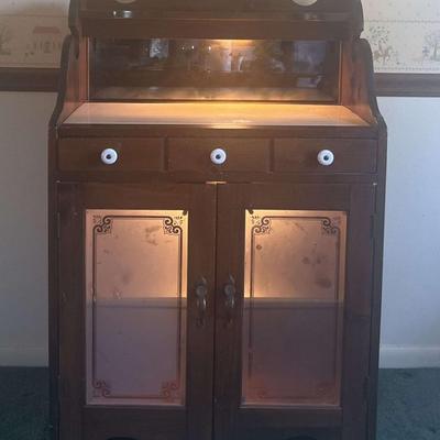 Antique Wooden Cupboard With Marble Inlay, Mirror Back, Lighted Inside And Top