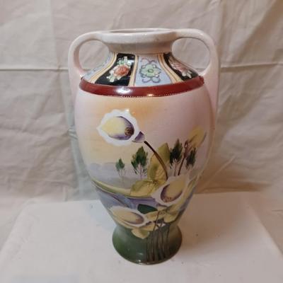 Miyako Nippon Hand Painted Gold Gilded 12" Vase Landscape Scene circa 1890