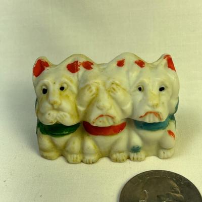 PAINTED BISQUE 3-DOG FIGURAL- SPEAK, SEE, HEAR NO EVIL THEME