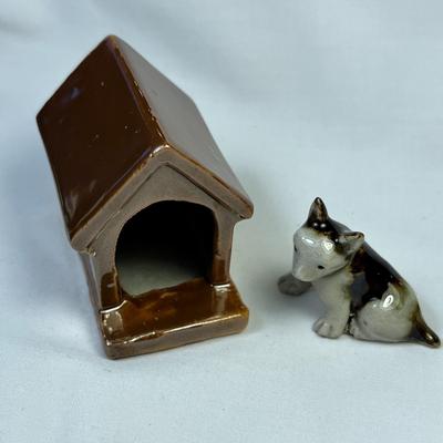 CERAMIC DOG AND DOG HOUSE FIGURES SET