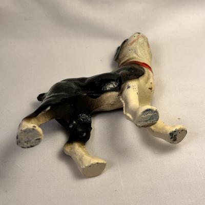 PAINTED CAST METAL DOG FIGURINE BLACK AND WHITE