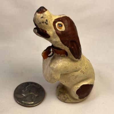 VINTAGE PAINTED CERAMIC DOG FIGURINE WITH FABRIC COLLAR