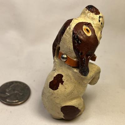 VINTAGE PAINTED CERAMIC DOG FIGURINE WITH FABRIC COLLAR