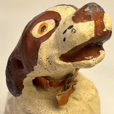 VINTAGE PAINTED CERAMIC DOG FIGURINE WITH FABRIC COLLAR