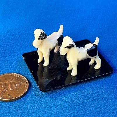 PAIR OF TINY BLACK & WHITE DOGS ON STAND MADE IN JAPAN