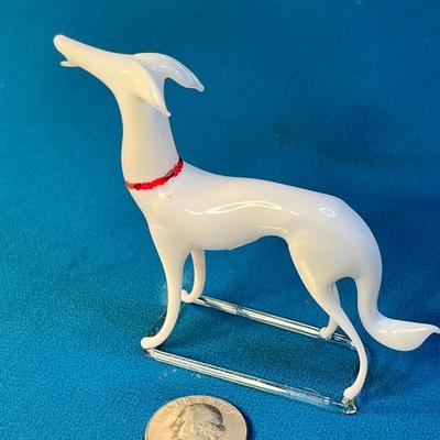 BLOWN GLASS GREYHOUND DOG FIGURINE ON CRYSTAL STAND