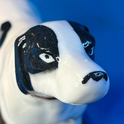 CERAMIC STANDING BLACK & WHITE DOG FIGURINE ON STAND MADE IN JAPAN