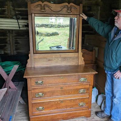 Vintage Solid Oak Dresser and Mirror