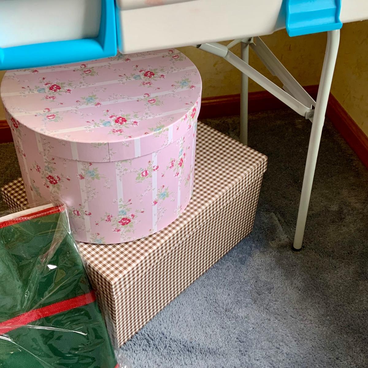 LOT:58G: Snapware Portable Gift Wrap and Crafting Table with Storage Loaded  with Tape, Ribbon Gift-wrap and More; Stackable Boxes, Bins and Much More