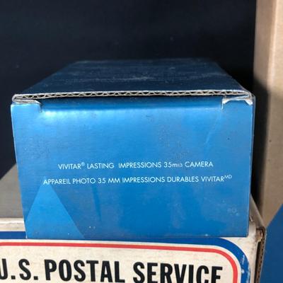 LOT 47L: NIP Office Gift Collection - USPS Mailbox Replica Bank, Avon Elegant Butterfly Desk Set, Pens, DIY Laminator,, 2005 Vivitar...