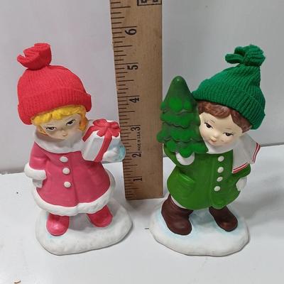 Vintage UOGC Marked girl with present and boy with tree