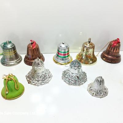 Vintage plastic bell ornaments with one green flocked bell