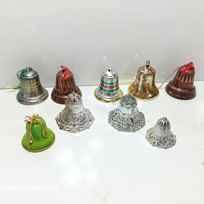 Vintage plastic bell ornaments with one green flocked bell