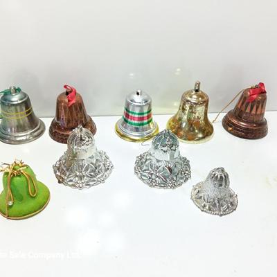 Vintage plastic bell ornaments with one green flocked bell