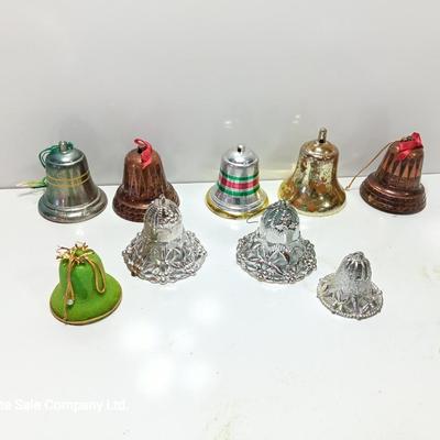 Vintage plastic bell ornaments with one green flocked bell