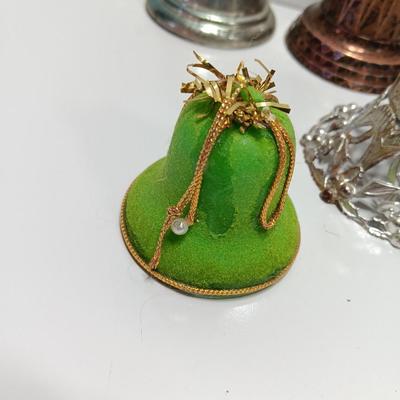 Vintage plastic bell ornaments with one green flocked bell