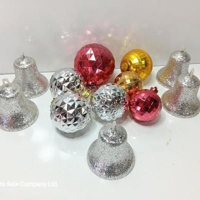 Variety of plastic Disco ball ornaments and plastic glittery bells
