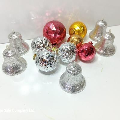 Variety of plastic Disco ball ornaments and plastic glittery bells