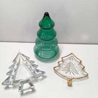 Green glass tree jar with two small glass tree dishes