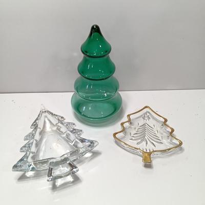 Green glass tree jar with two small glass tree dishes