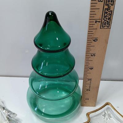 Green glass tree jar with two small glass tree dishes