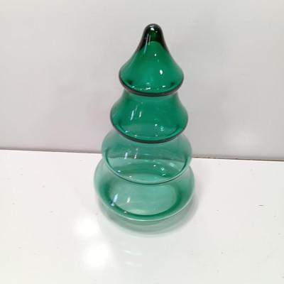 Green glass tree jar with two small glass tree dishes