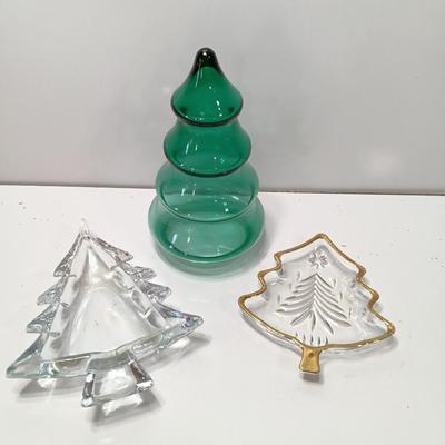 Green glass tree jar with two small glass tree dishes