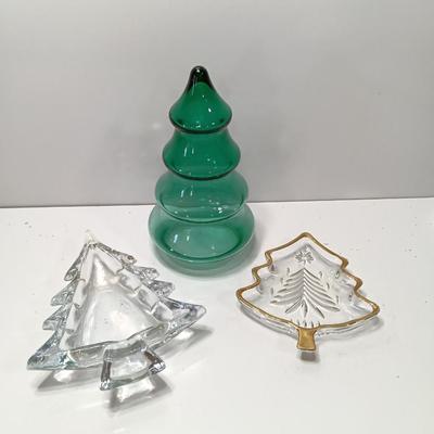 Green glass tree jar with two small glass tree dishes