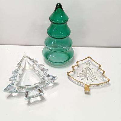 Green glass tree jar with two small glass tree dishes
