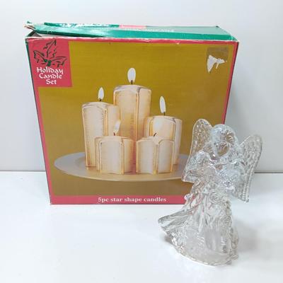 Clear glass angel tea light holder and brand-new Holiday candle set 5-piece star shape candles
