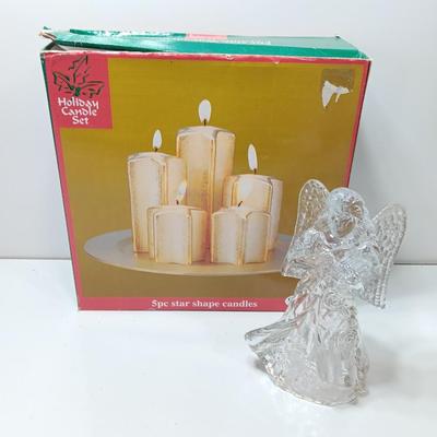 Clear glass angel tea light holder and brand-new Holiday candle set 5-piece star shape candles