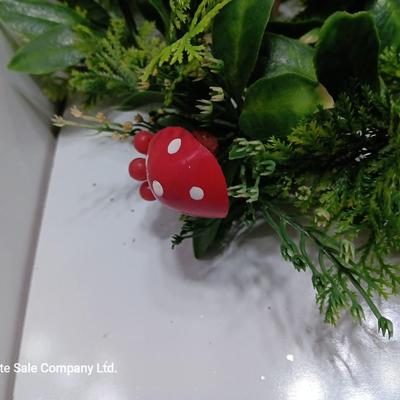 Vintage plastic garland with mushrooms! and red berries with a pinecone tree also with mushrooms!