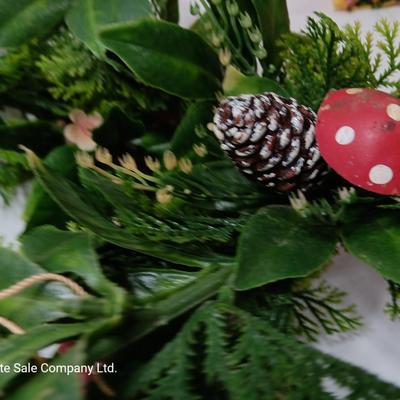 Vintage plastic garland with mushrooms! and red berries with a pinecone tree also with mushrooms!