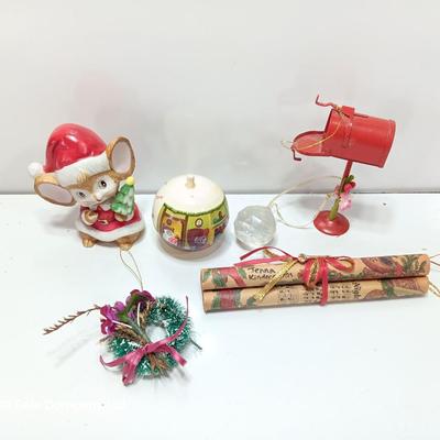 Porcelain mouse with vintage Christmas collectibles and ornaments