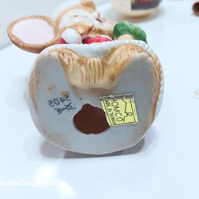 Porcelain mouse with vintage Christmas collectibles and ornaments