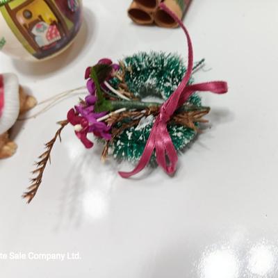 Porcelain mouse with vintage Christmas collectibles and ornaments
