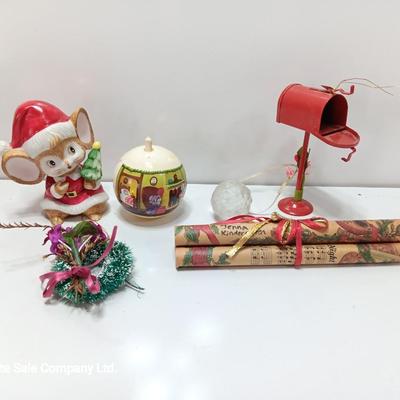 Porcelain mouse with vintage Christmas collectibles and ornaments