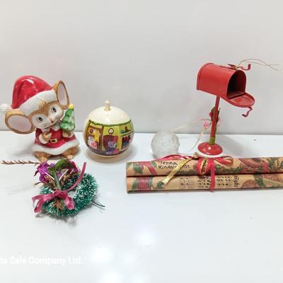 Porcelain mouse with vintage Christmas collectibles and ornaments