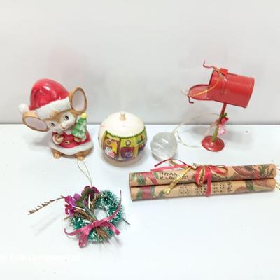 Porcelain mouse with vintage Christmas collectibles and ornaments