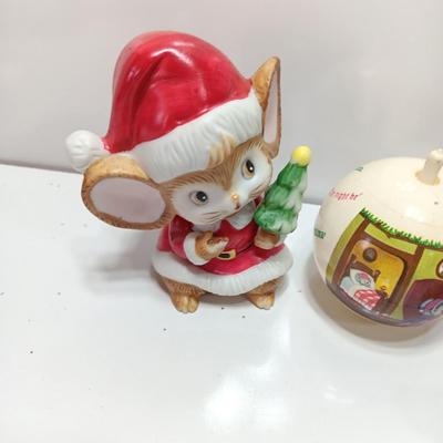 Porcelain mouse with vintage Christmas collectibles and ornaments