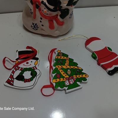 Snowman boot with three vintage wooden ornaments