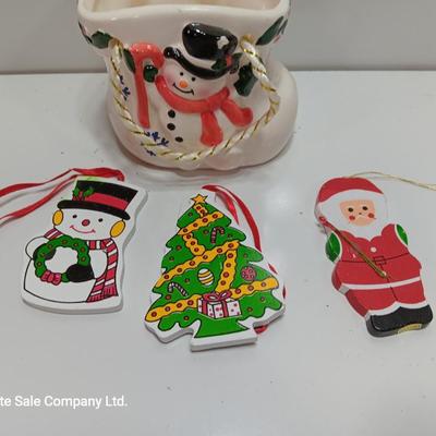Snowman boot with three vintage wooden ornaments