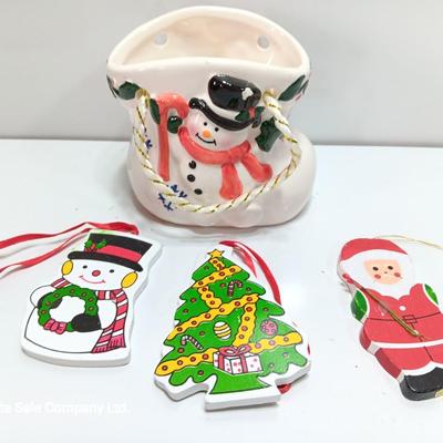 Snowman boot with three vintage wooden ornaments