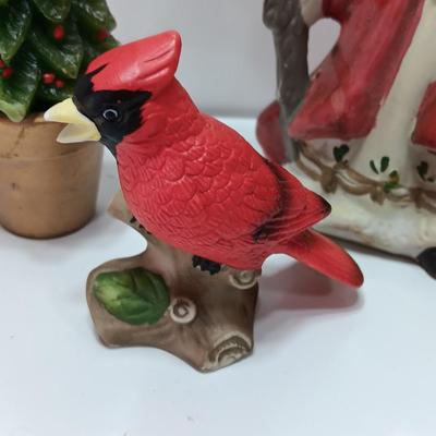 Christmas Decorations - porcelain cardinals - wax tree - and Santa figure