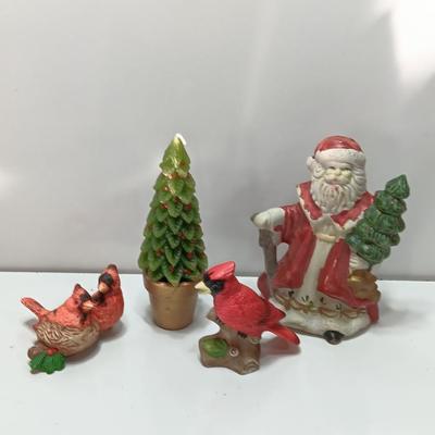 Christmas Decorations - porcelain cardinals - wax tree - and Santa figure