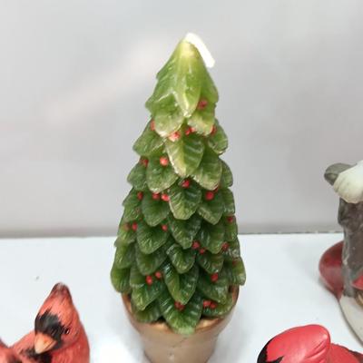 Christmas Decorations - porcelain cardinals - wax tree - and Santa figure