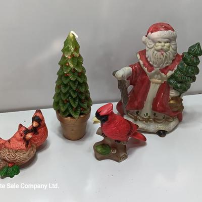 Christmas Decorations - porcelain cardinals - wax tree - and Santa figure