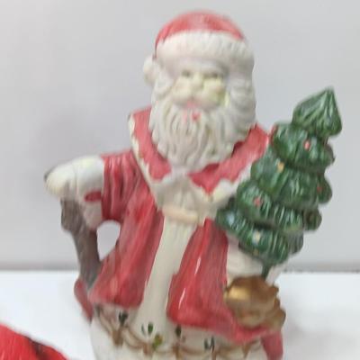 Christmas Decorations - porcelain cardinals - wax tree - and Santa figure