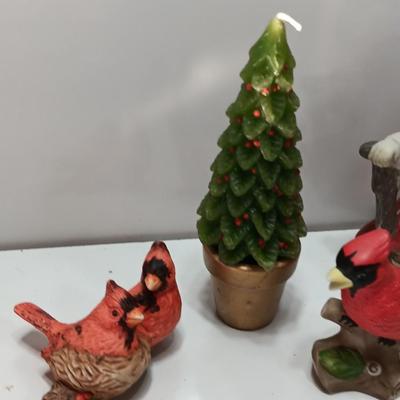 Christmas Decorations - porcelain cardinals - wax tree - and Santa figure