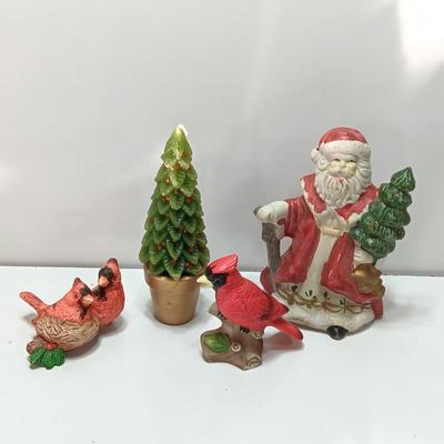 Christmas Decorations - porcelain cardinals - wax tree - and Santa figure